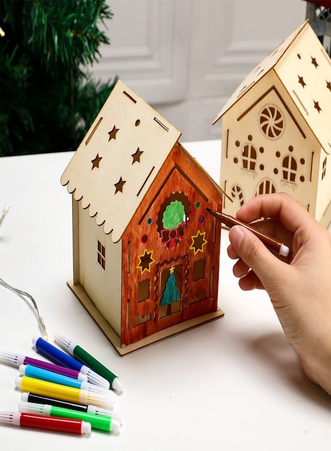 Kathfly 18 Sets Wooden Christmas Gingerbread Houses to Paint, Wood Houses Kit to Build with Watercolor Pens Make Your Own Xmas House Kits for Christmas Tree Ornaments DIY Art Project Activity - Image 5